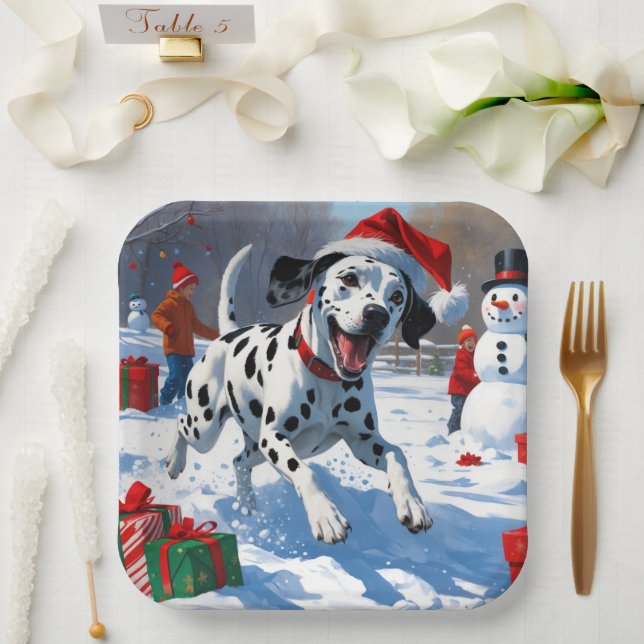 Dalmatian Running in Snow with Christmas Hat Paper Plates (Wedding)