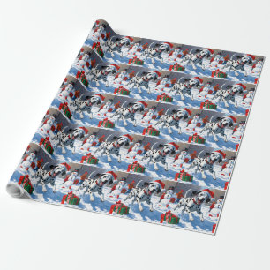 Dalmatian Running in Snow with Christmas Hat Wrapping Paper