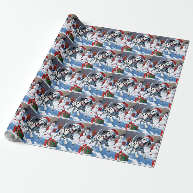 Dalmatian Running in Snow with Christmas Hat Wrapping Paper (Unrolled)