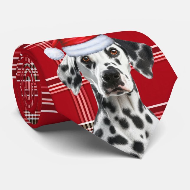 Dalmatian Santa Dog Red Holiday Plaid Christmas Neck Tie (Rolled)
