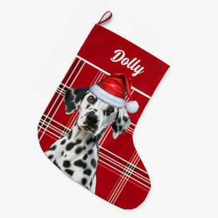 Dalmatian Santa Red Holiday Plaid and Dogs Name Large Christmas Stocking