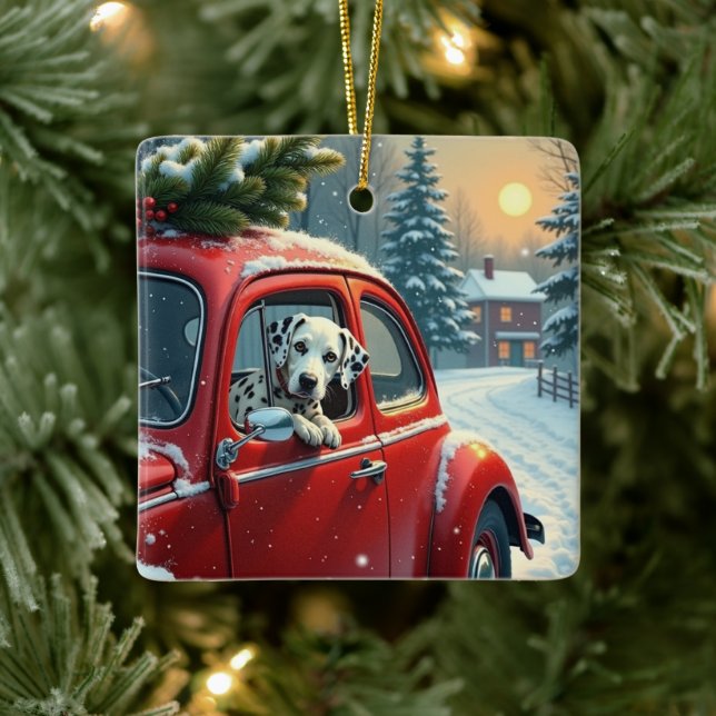 Dalmatian Snowy Car Ride Christmas Painting Ceramic Ornament (Tree)