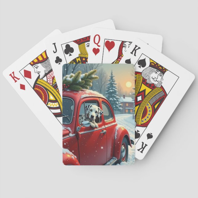 Dalmatian Snowy Car Ride Christmas Painting Poker Cards (Back)