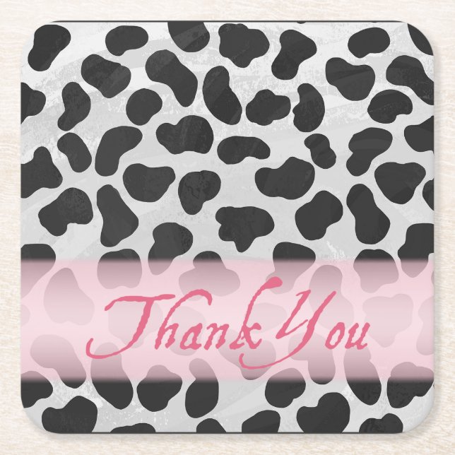 Dalmatian Spot Pattern Pink Thank You Square Paper Coaster (Front)