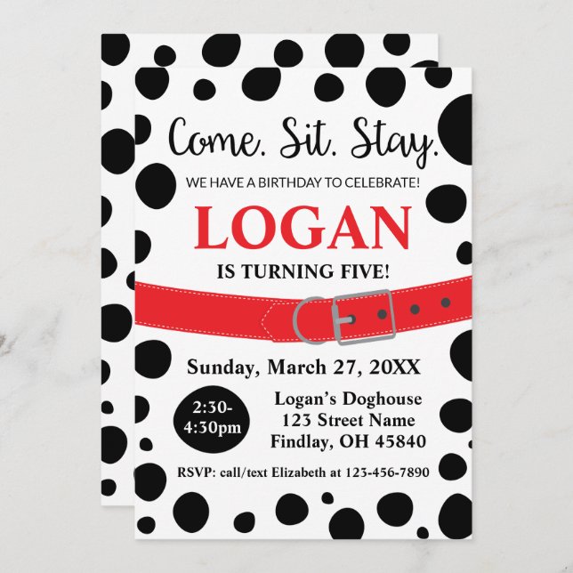 Dalmatian Spots Come Sit Stay Dog Birthday Invitation (Front/Back)