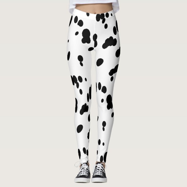 Dalmatian Spots Pattern Black and White Dog Fur Leggings (Front)