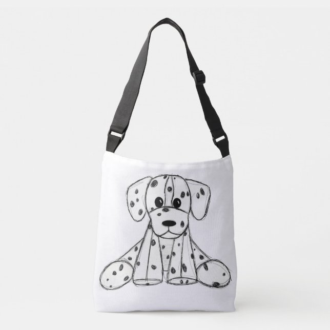 Dalmatian stuffed dog drawing outline simple black crossbody bag (Front)