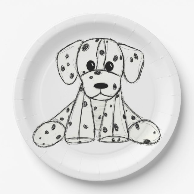 Dalmatian stuffed dog drawing outline simple black paper plates (Front)