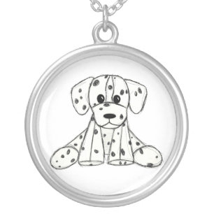 Dalmatian stuffed dog drawing outline simple black silver plated necklace