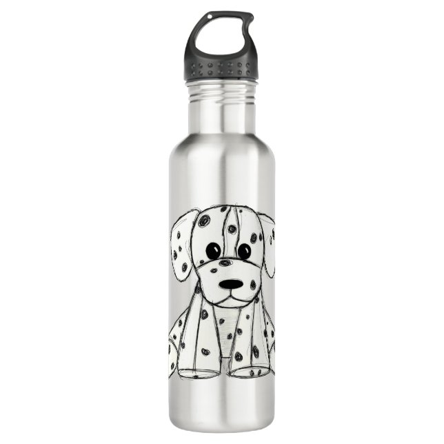 Dalmatian stuffed dog drawing outline simple black stainless steel water bottle (Front)