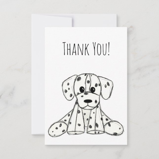 Dalmatian stuffed dog drawing outline simple black thank you card (Front)