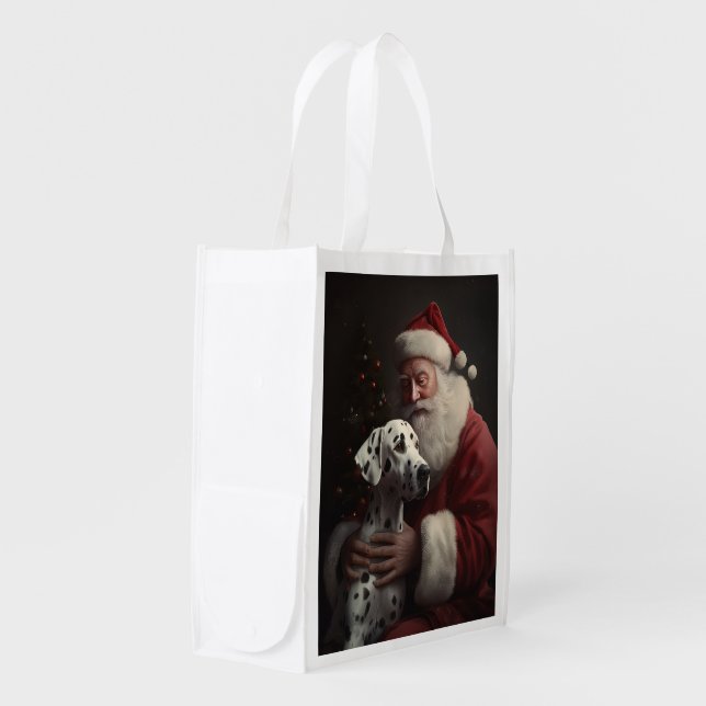 Dalmatian With Santa Claus Festive Christmas Grocery Bag (Front Side)