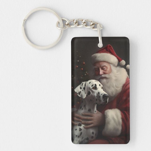 Dalmatian With Santa Claus Festive Christmas Keychain (Front)