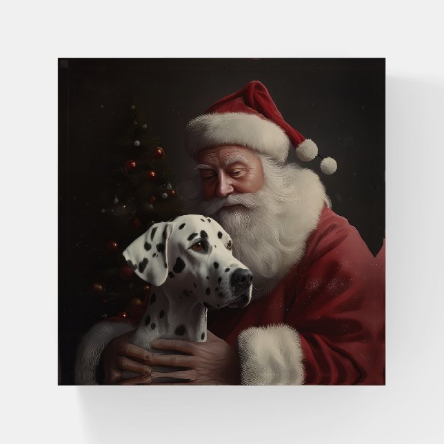 Dalmatian With Santa Claus Festive Christmas Paperweight (Front)