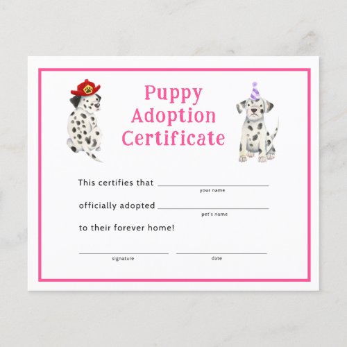 Dalmatians Girl Party Puppy Adoption Certificate