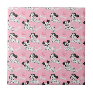 Dalmatians Puppies Black Spots Pink Toy Ball White Ceramic Tile