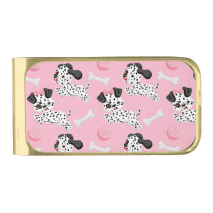 Dalmatians Puppies Black Spots Pink Toy Ball White Gold Finish Money Clip