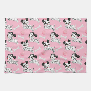 Dalmatians Puppies Black Spots Pink Toy Ball White Kitchen Towel