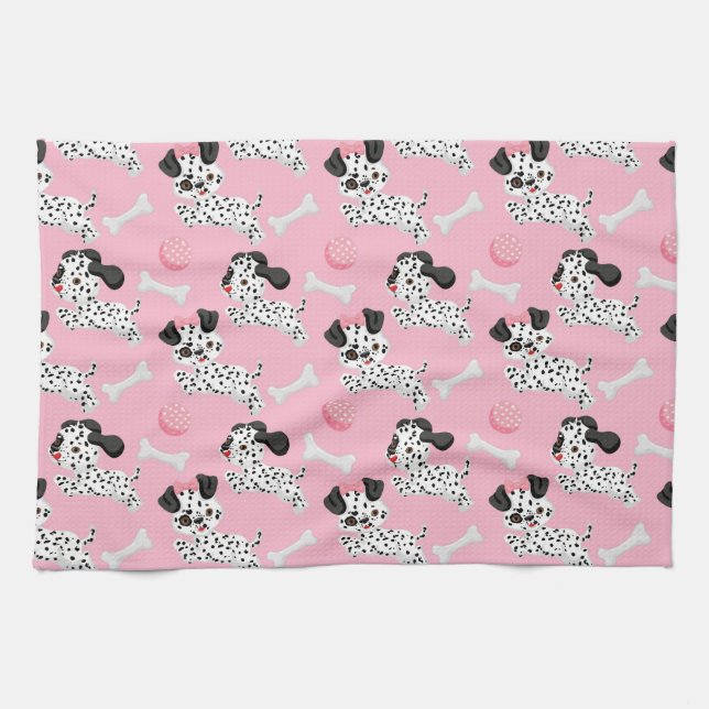 Dalmatians Puppies Black Spots Pink Toy Ball White Kitchen Towel (Horizontal)