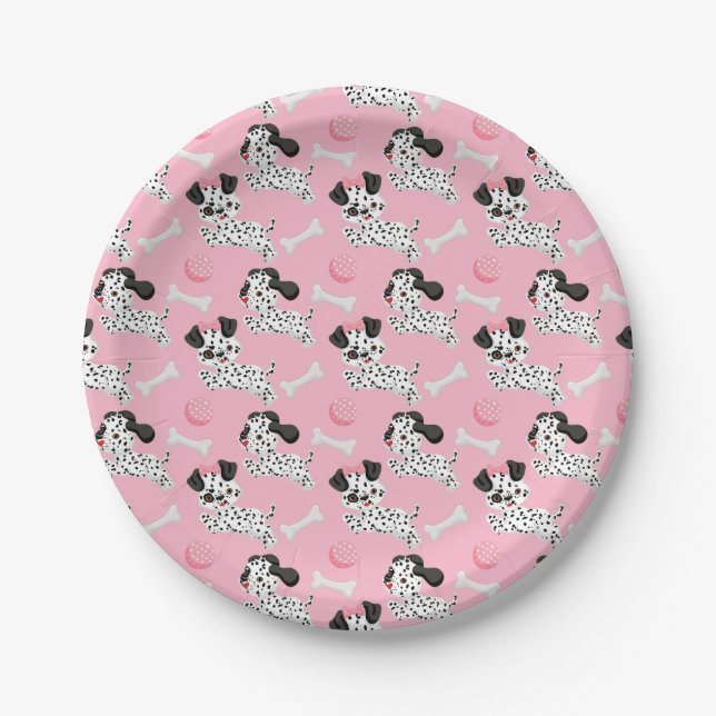 Dalmatians Puppies Black Spots Pink Toy Ball White Paper Plates (Front)