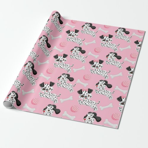 Dalmatians Puppies Black Spots Pink Toy Ball White Wrapping Paper