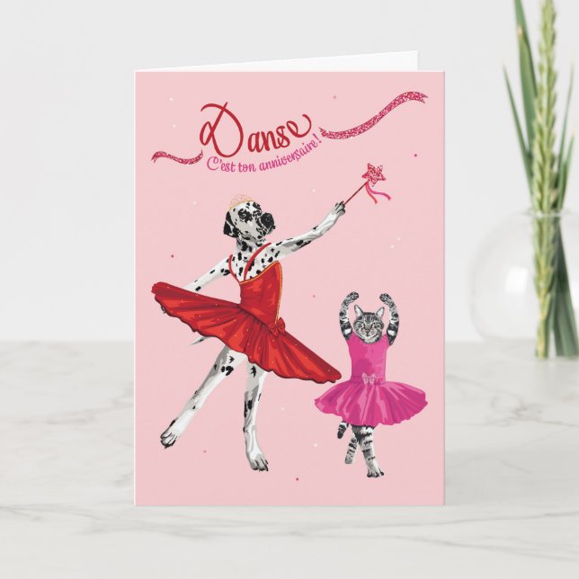 Dalmatien et chat en tutu dansant anniversaire card (Front)