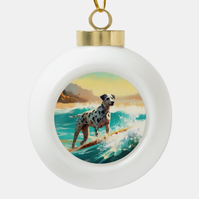 Dalmation Beach Surfing Painting  Ceramic Ball Christmas Ornament (Front)