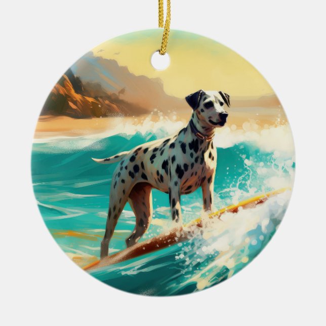 Dalmation Beach Surfing Painting  Ceramic Ornament (Front)