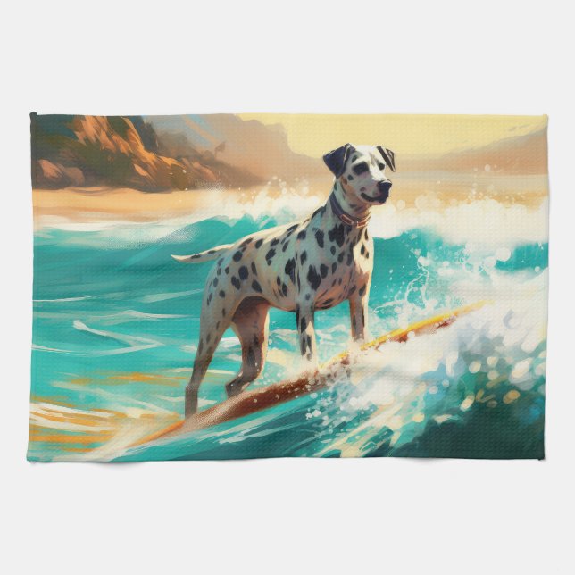 Dalmation Beach Surfing Painting  Kitchen Towel (Horizontal)