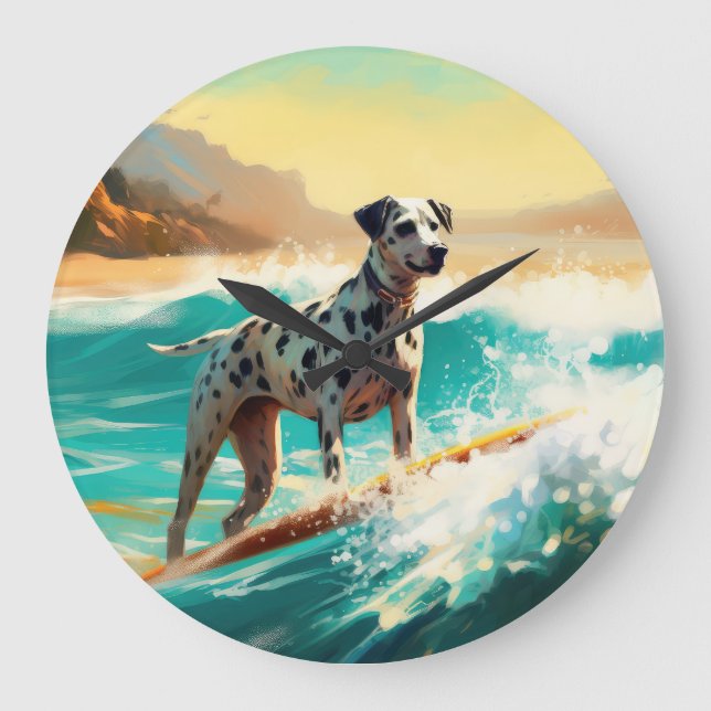 Dalmation Beach Surfing Painting  Large Clock (Front)