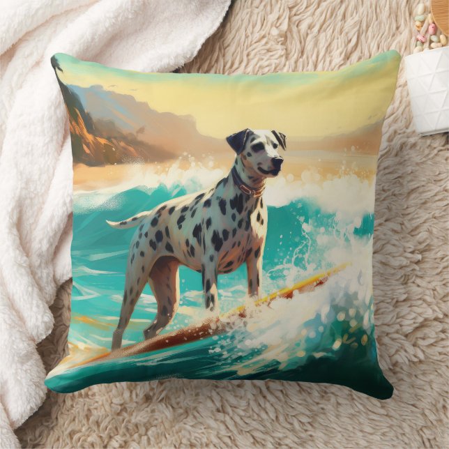 Dalmation Beach Surfing Painting  Throw Pillow (Blanket)