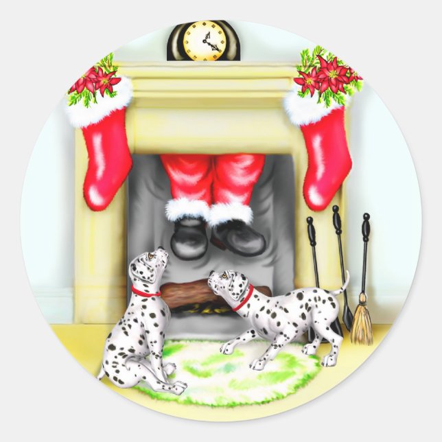 Dalmation Christmas Santa Drops In Classic Round Sticker (Front)