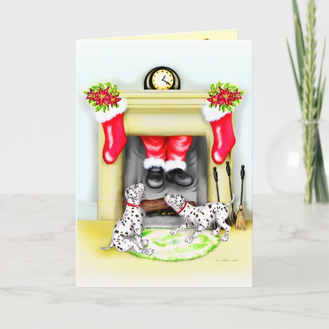 Dalmation Christmas Santa Drops In Holiday Card (Front)