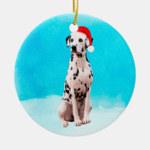 Dalmation Dog in Snow Christmas Hat Ceramic Ornament