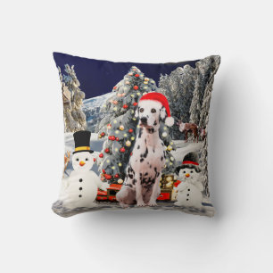 Dalmation Dog in Snow Christmas Hat Lights Throw Pillow