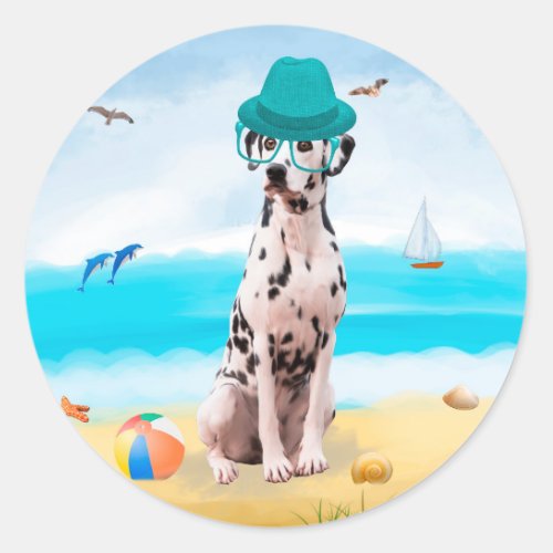 Dalmation Dog on Beach Classic Round Sticker