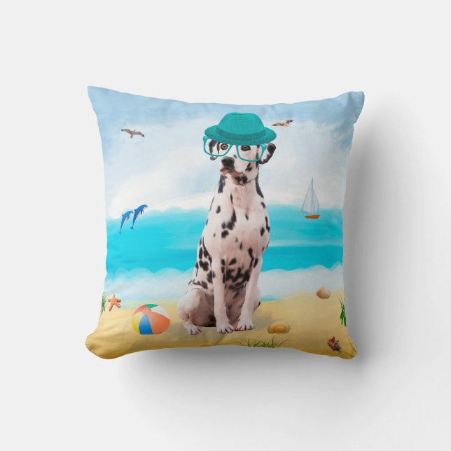 Dalmation Dog on Beach Throw Pillow (Front)