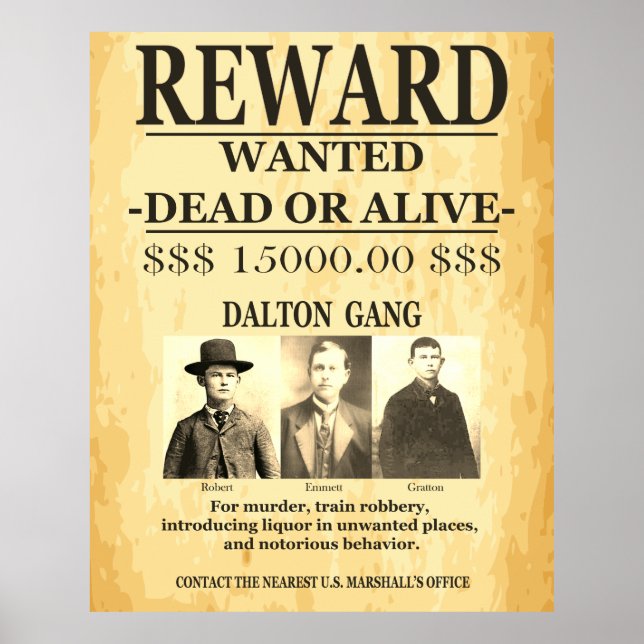 Dalton Gang Reward Offered Wanted Poster (Front)