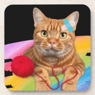 Damaged Cat on rainbow background Beverage Coaster