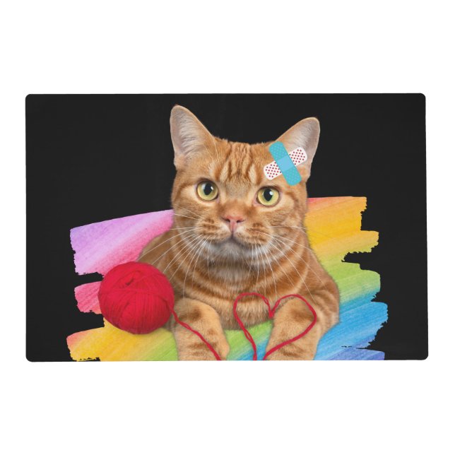 Damaged Cat on rainbow background Placemat (Front)
