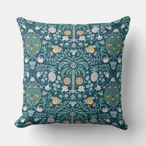 Damas with palm trees and orange trees on blue throw pillow