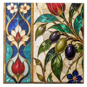 Damascus & Ottoman Olive Branch and Tulip Stained Ceramic Tile
