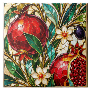 Damascus & Ottoman Pomegranate Stained Glass Ceramic Tile