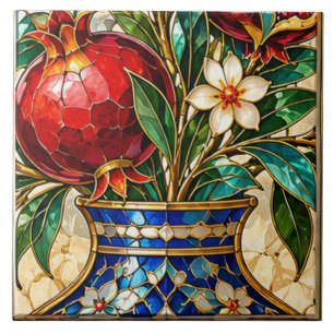 Damascus & Ottoman Pomegranate Vase Stained Glass Ceramic Tile