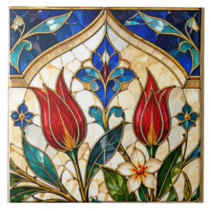 Damascus & Ottoman Red Tulip Stained Glass Ceramic Tile