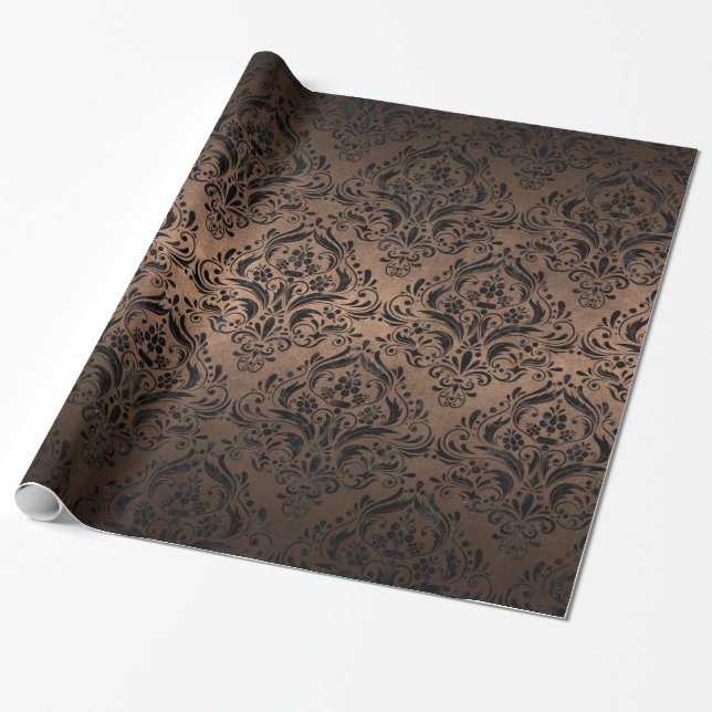 DAMASK1 BLACK MARBLE & BRONZE METAL (R) WRAPPING PAPER (Unrolled)