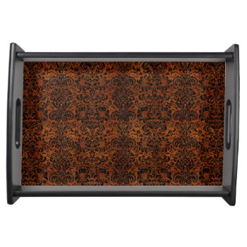 Damask2 Black Marble & Brown Burl Wood (r) Serving Tray by Trendi_Stuff at Zazzle