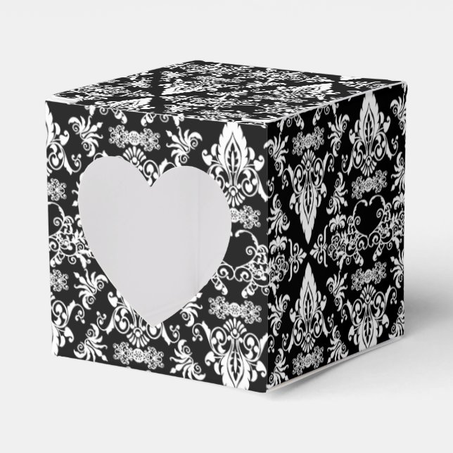Damask 02 Black-White-Square Heart Favor boxes (Front Side)