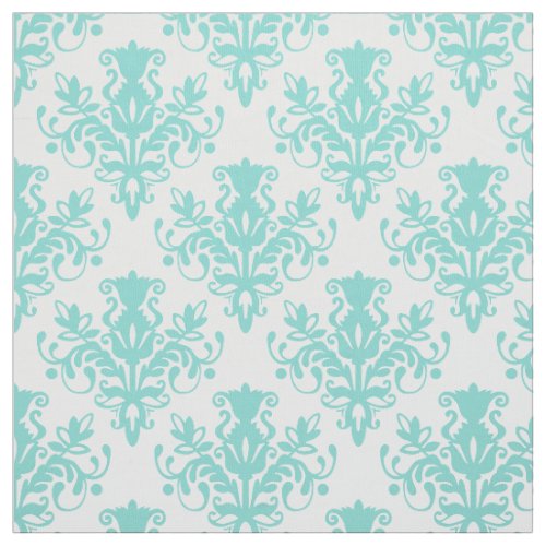 Damask 02 Pattern _ Aqua Blue on White Fabric