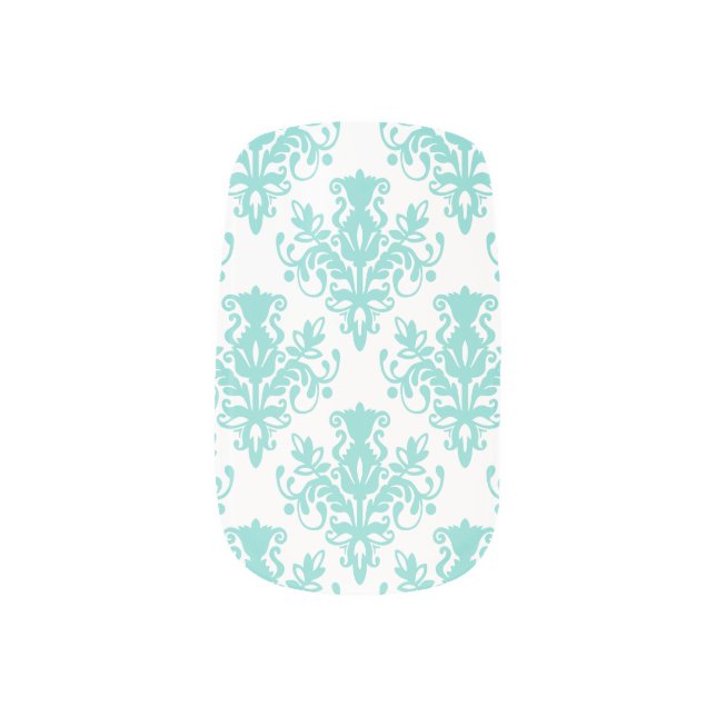 Damask 02 Pattern - Aqua Blue on White Minx Nail Wraps (Left Thumb)